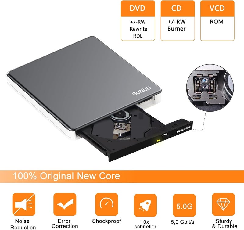 BVNUD External Blu Ray CD DVD Drive, USB 3.0 Type C Blu ray Burner BD Player Read/Write Portable Bluray Drive Slim Optical Blue Ray CD DVD Reader for Laptop PC Windows 11 MacBook Pro Air Desktop Linux OS - Image 4